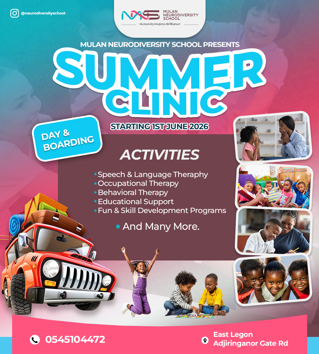 Summer Clinic flyer showing therapy activities, dates, location, and contact information